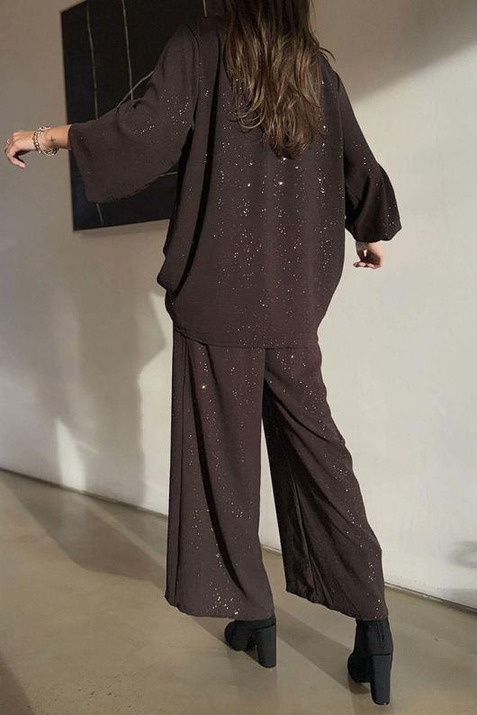 Suki Night Sky Shirring Neck Blouse Chocolate